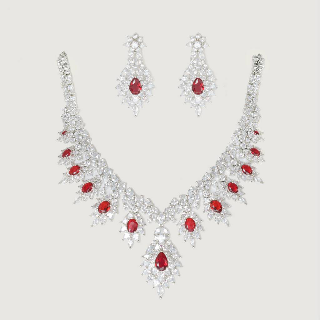 Bold And Dramatic Diamond Necklace And Earrings With Ruby Stones : ZGRK222