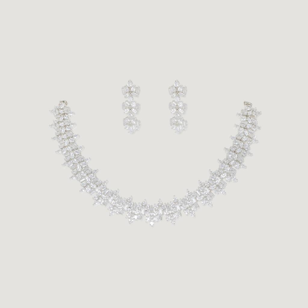 Delicate Yet Elegant Diamond Necklace In White Finish With Matching Earrings For Women : ZGRK224