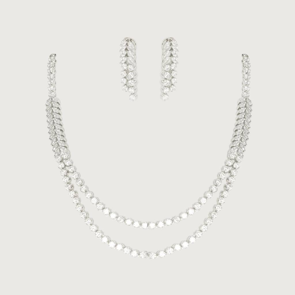 Delicate Yet Elegant 2 Line Diamond Necklace In White Finish With Matching Earrings : ZGRK227