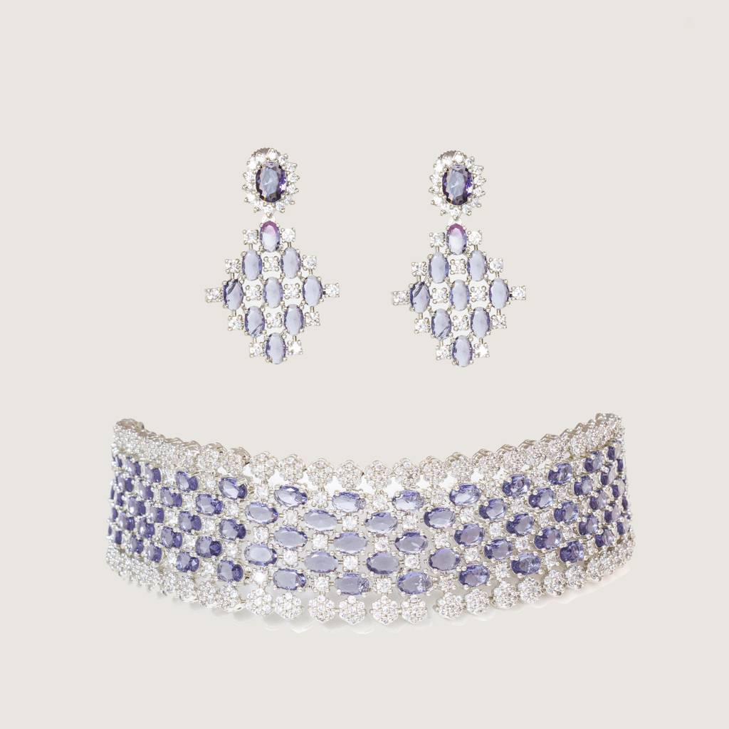 Elegant Diamond Choker And Earrings With Amethyst Stones : ZGRK211