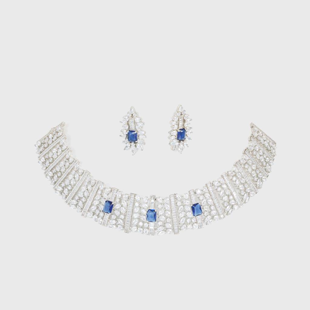 Elegant Diamond Choker With Sapphire Stones And Earrings : ZGRK212
