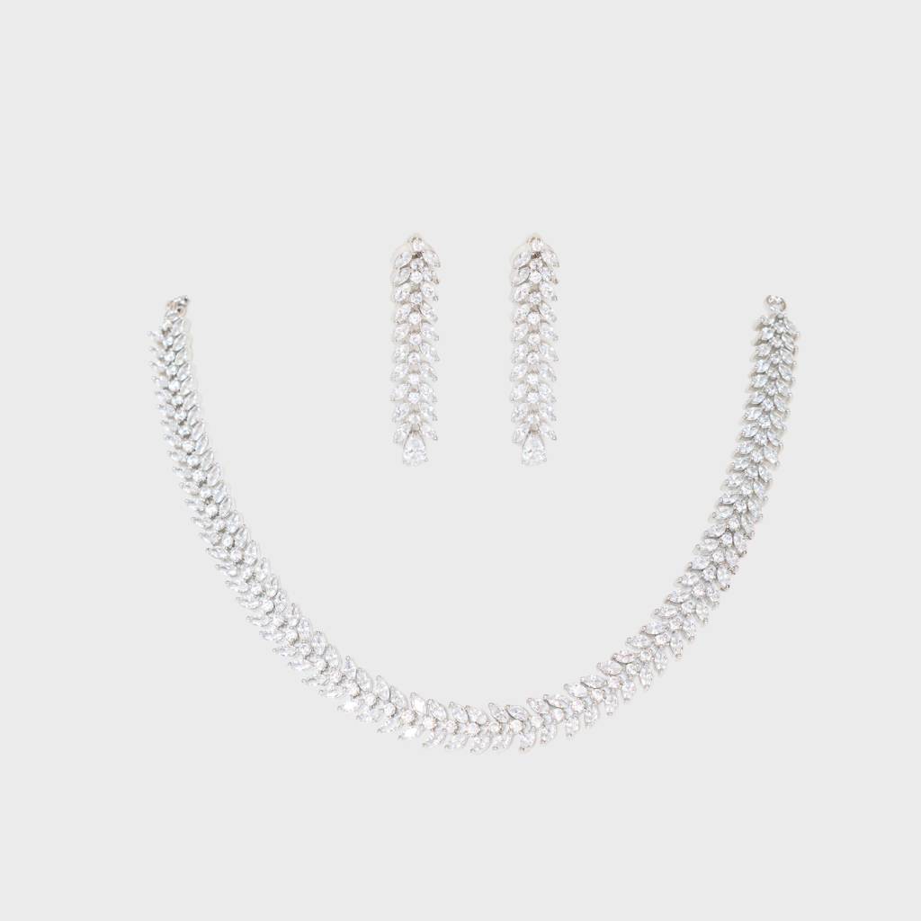 Delicate Yet Elegant Diamond Necklace In White Finish With Matching Earrings For Womens : ZGRK214