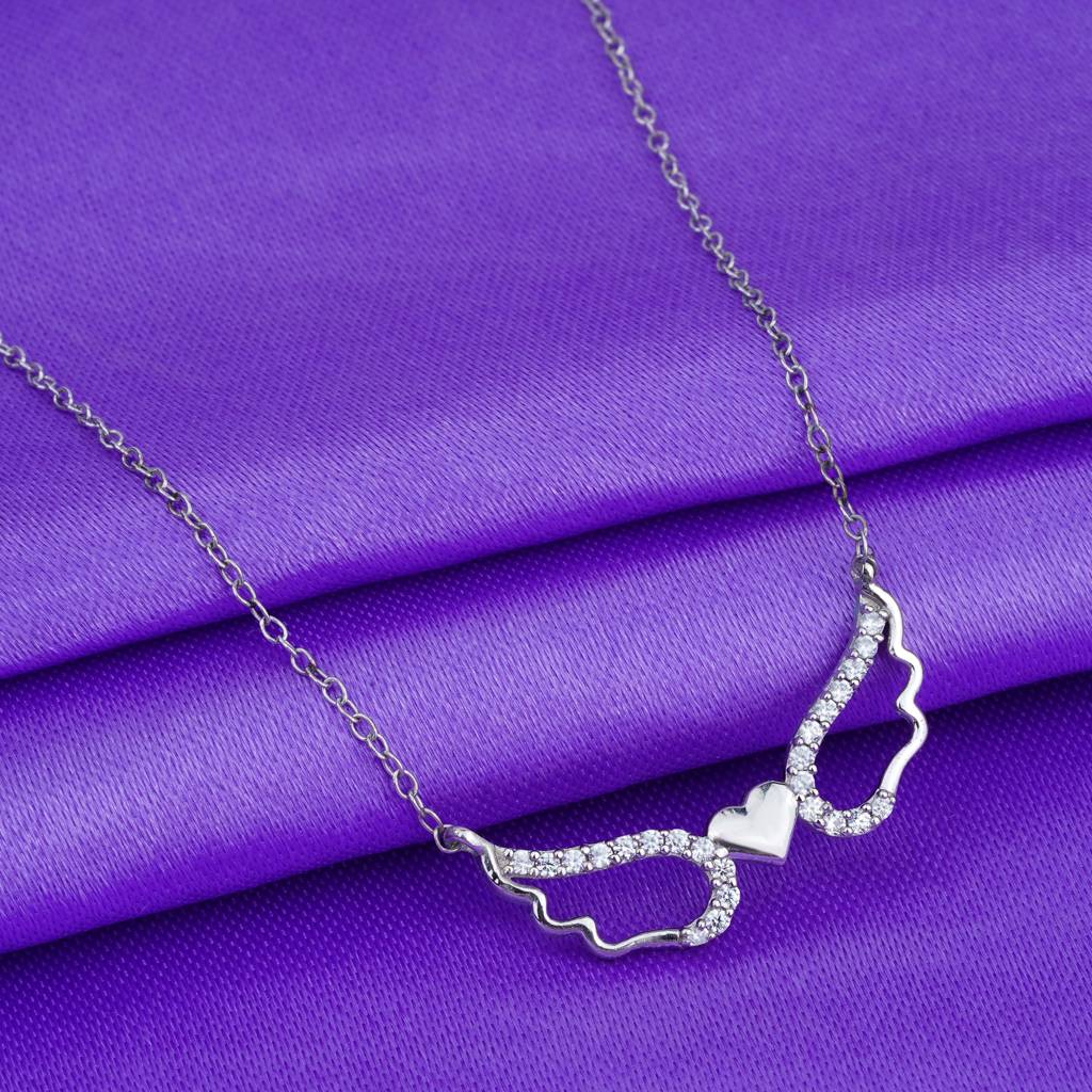 Silver Angel Wings Heart Necklace : ZLNKL-1003W