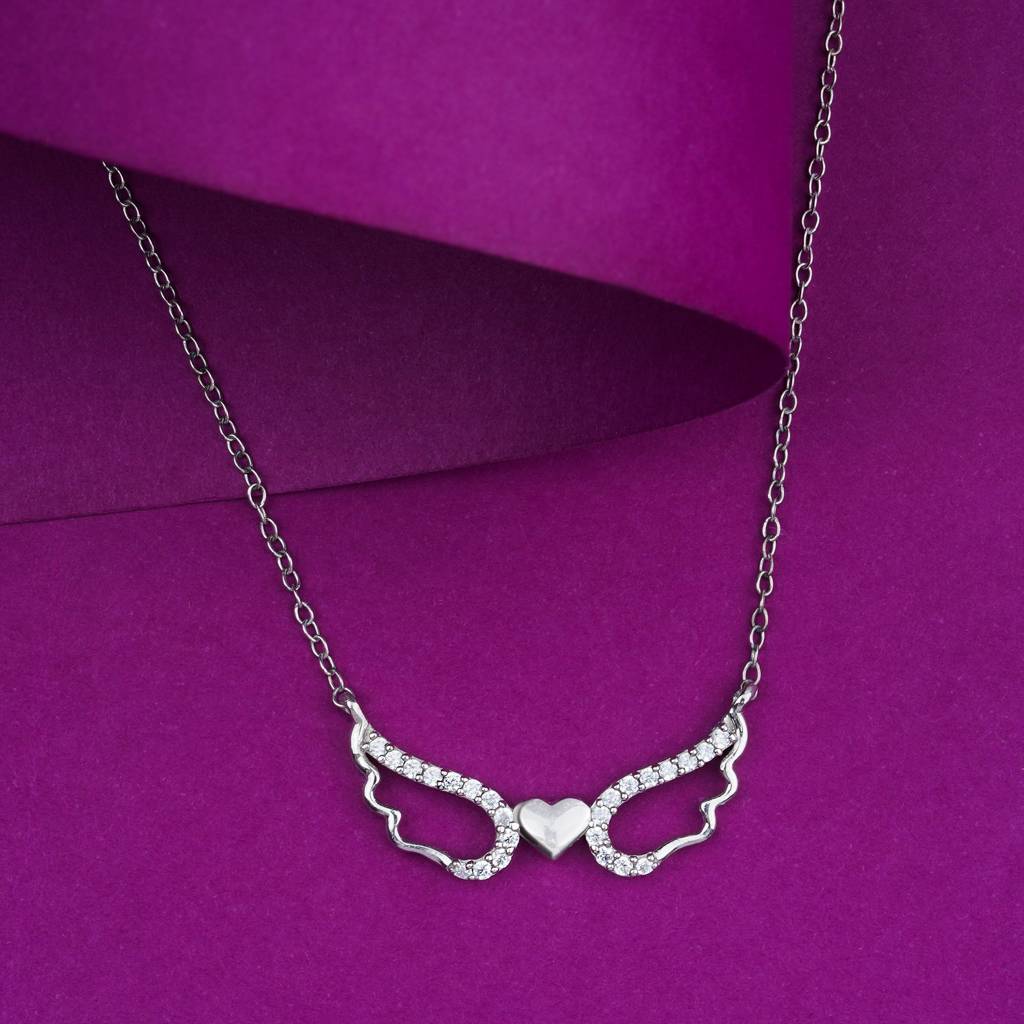 Silver Angel Wings Heart Necklace : ZLNKL-1003W