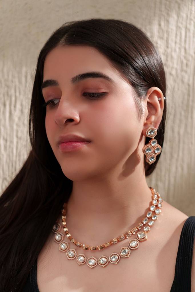 Dramatic 2 Line Long Kundan Polki Set With Subtle Earrings. : ZGJM41