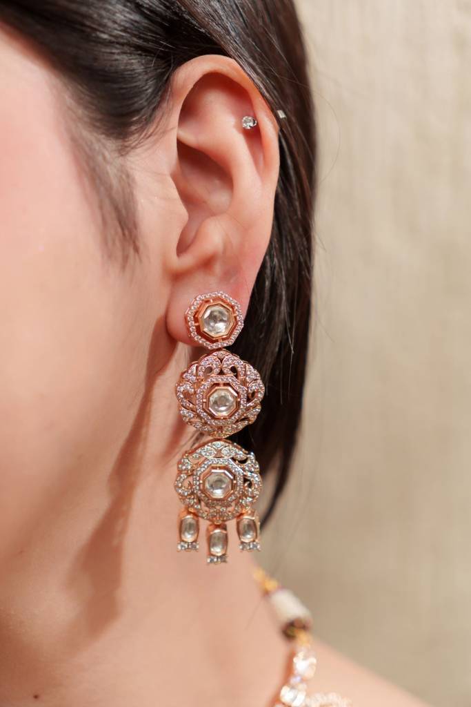 Dramatic 2 Line Layered Kundan Polki Set With Earrings. : ZGJM45