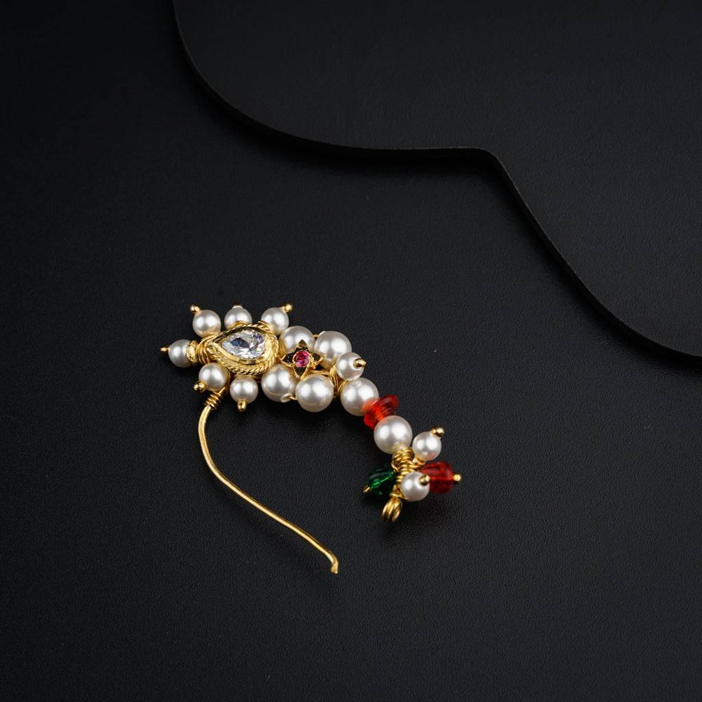 Pearl Handmade Nath - Left Pierced |  92.5 Silver | 22K Gold Plated : silver_nath_pearl_left_dec_1