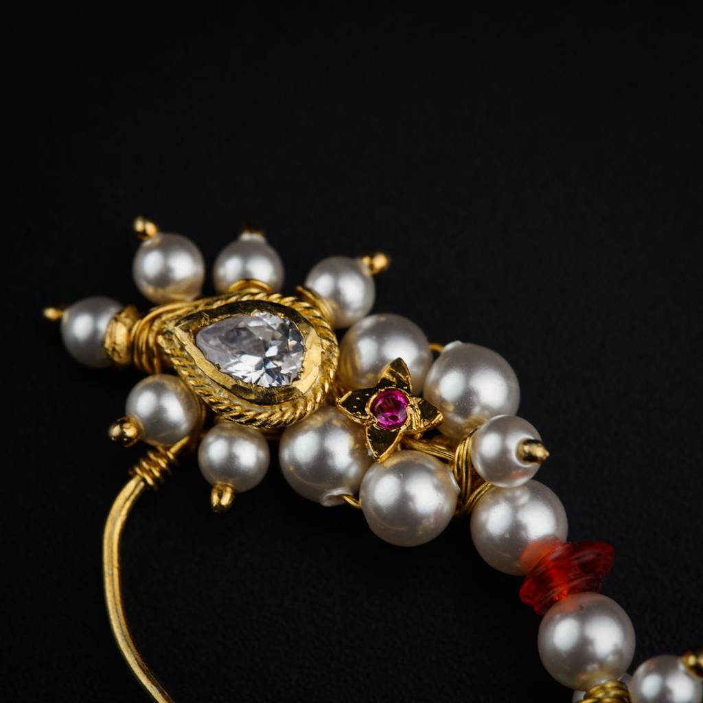 Pearl Handmade Nath - Left Pierced |  92.5 Silver | 22K Gold Plated : silver_nath_pearl_left_dec_1