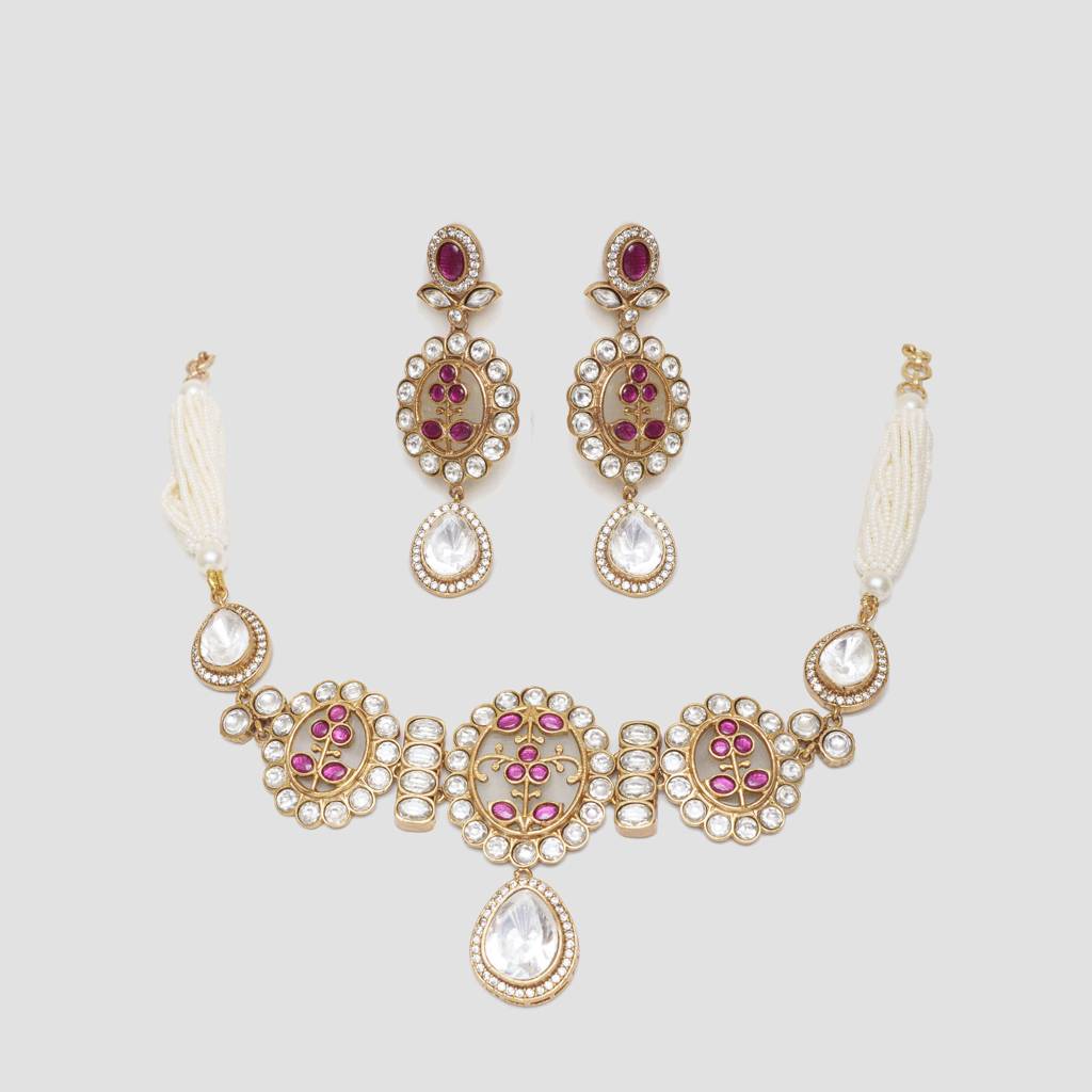 Contemporary Look Necklace Set In Resin With Pink Stones : ZGRR63