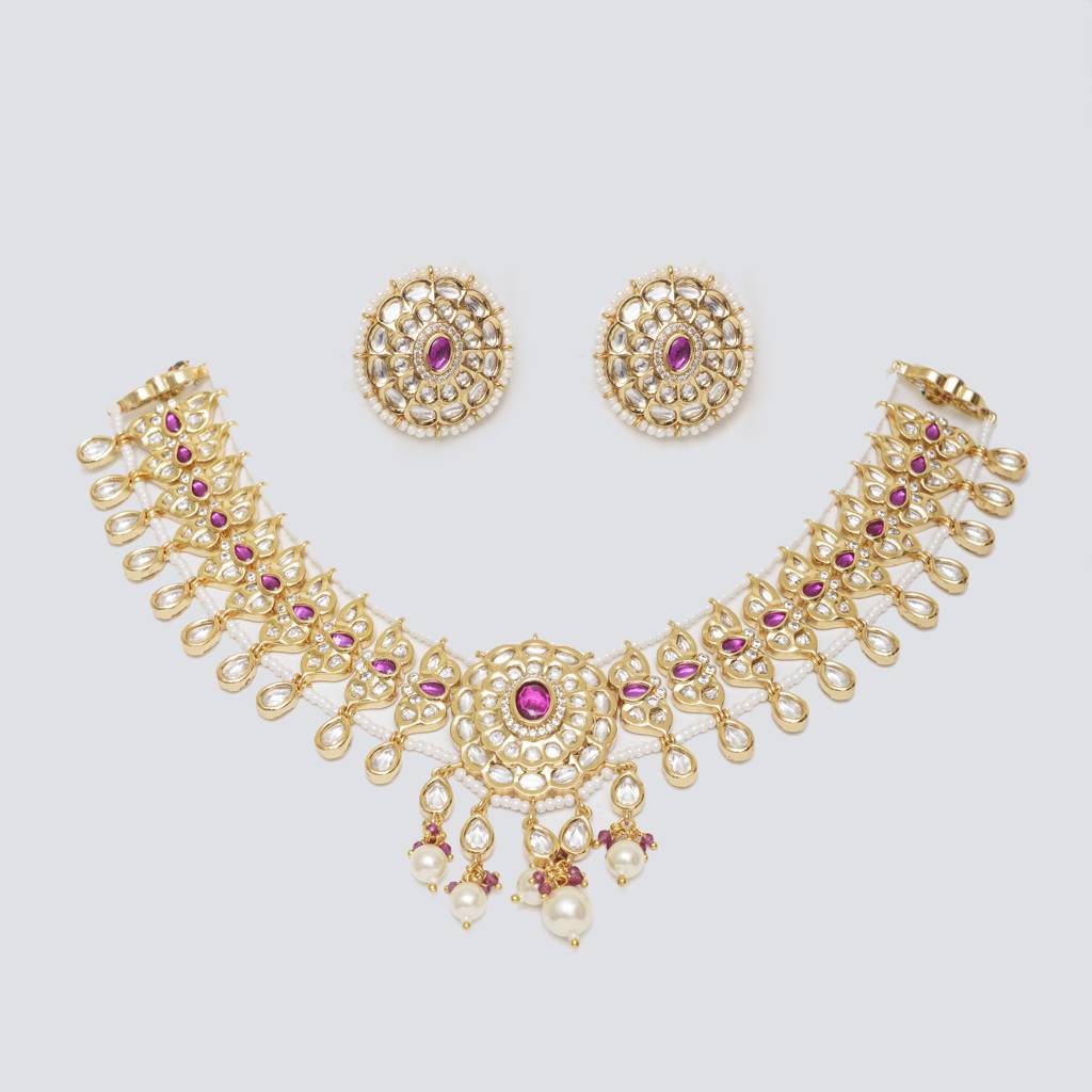 Classy And Elegant Kundan Necklace Set With Pink Stones : ZGJA164
