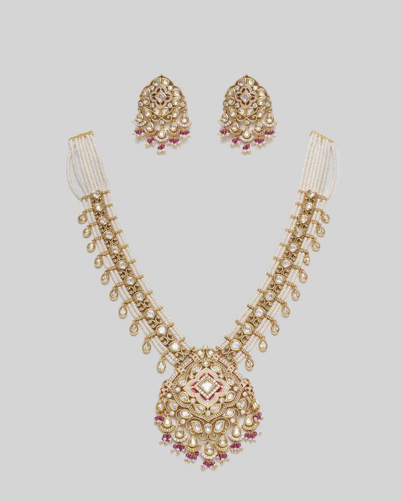 Elegant And Classy Long Kundan Necklace With Green Stones : ZGJA158