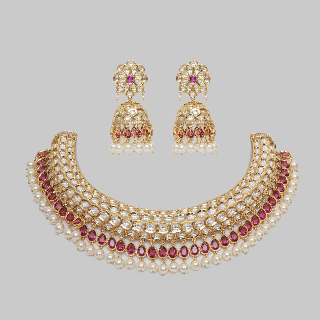 Bold And Dramatic Kundan Necklace Set With Earrings : ZGJA170