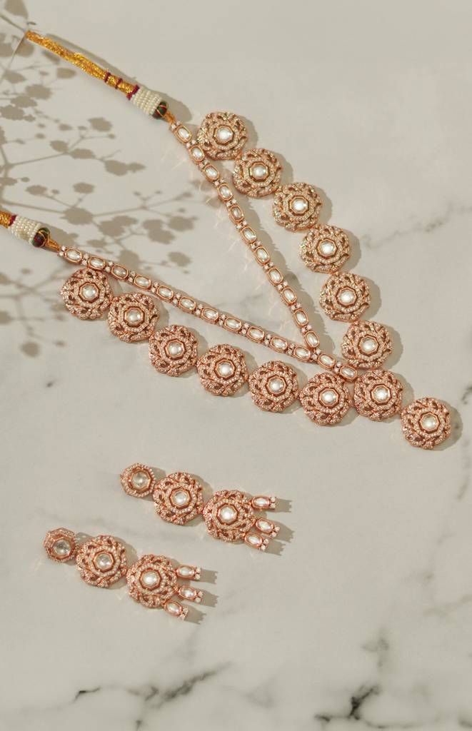 Dramatic 2 Line Layered Kundan Polki Set With Earrings. : ZGJM45