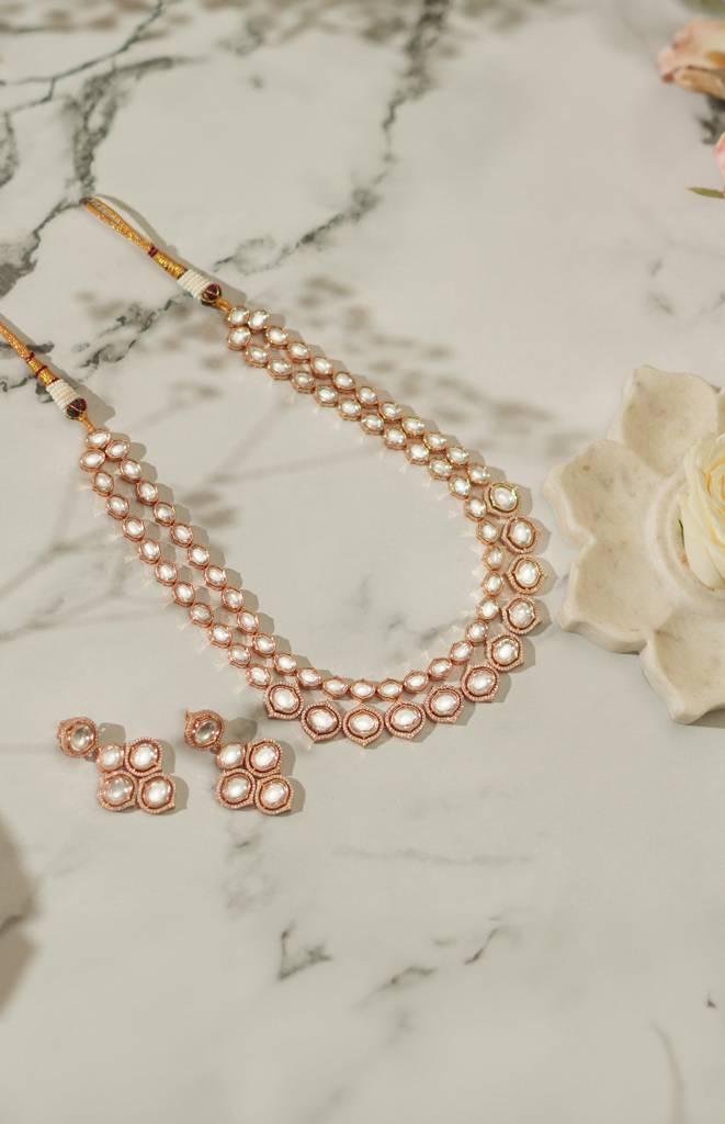 Dramatic 2 Line Long Kundan Polki Set With Subtle Earrings. : ZGJM41