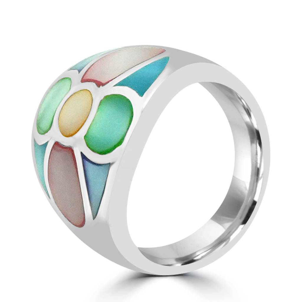 925 Pure Silver Enamel Ring With Petals Of Pastel Shades | Flower Wedding Ring : LR1196