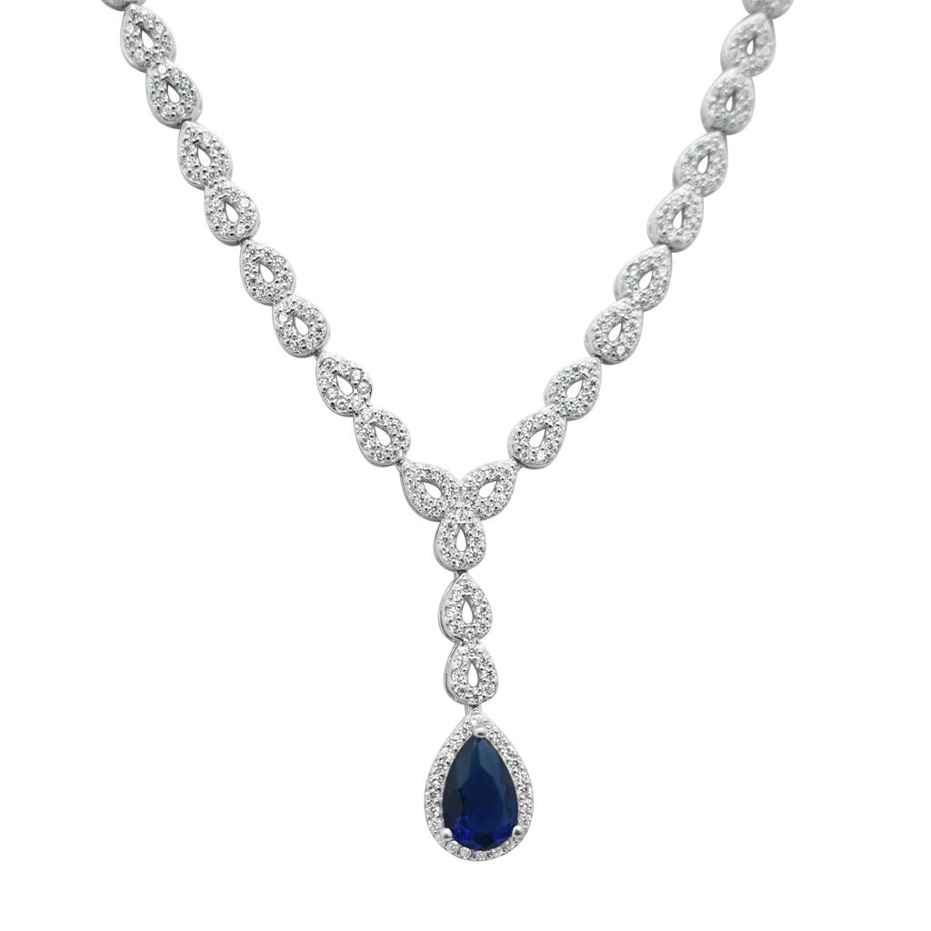 925 Sterling Silver Teardrop Necklace Earrings | Blue Necklace Set Combo : NL1049B