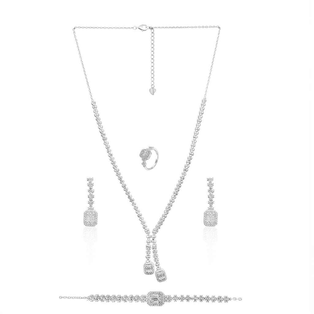 925 Pure Silver Necklace & Earrings, Ring Combo Set | Silver Wedding Jewelry Set : NL1048B
