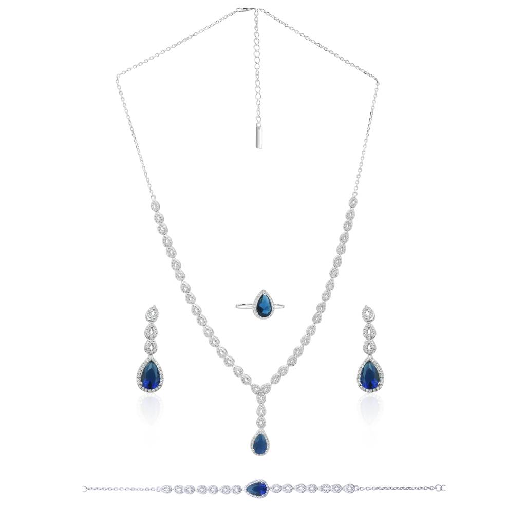 925 Sterling Silver Teardrop Necklace Earrings | Blue Necklace Set Combo : NL1049B