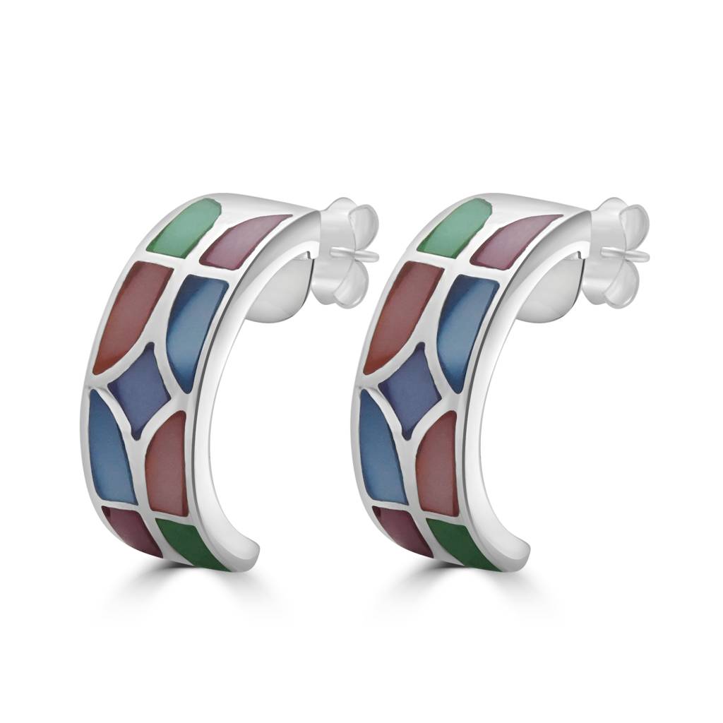 Pure Silver Geometric Statement Hoop Earrings | 925 Sterling Colorful Hoops : TWP1185