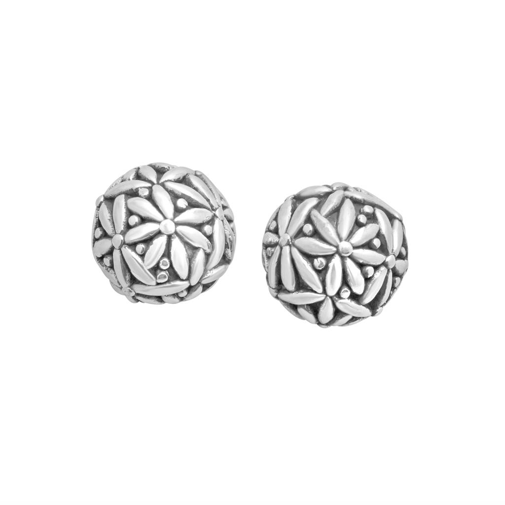 925 Pewter Floral Bead Studs Earrings | Mini Antiqued Silver Round Flower Studs : TWP1164