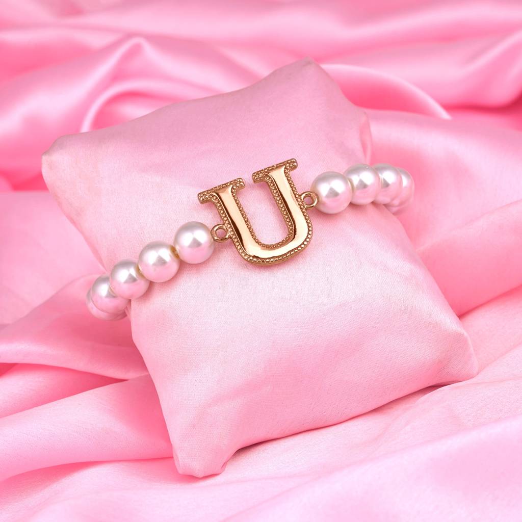 Estele Rosegold Plated Unique "U" Letter Pearl Bracelet For Women : 102168-U-RGBR