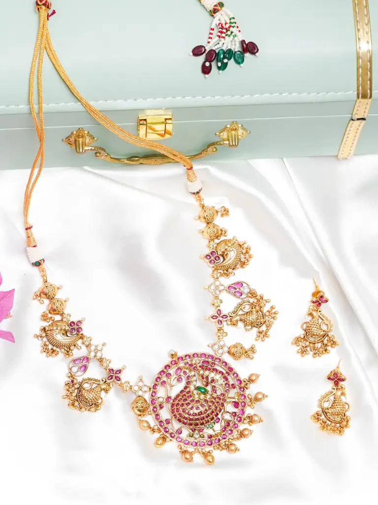 Peacock Multicolour Temple Choker Set (Necklace & Earrings) : QJVV020