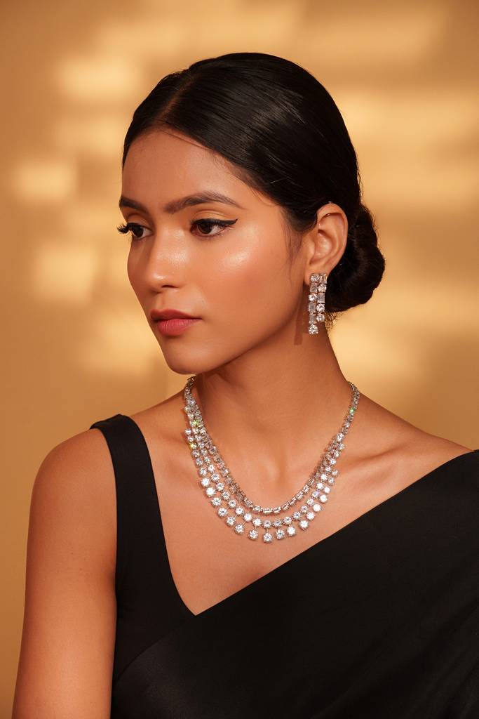 Classic And Elegant Three Line Diamond Necklace With Subtle Pair Of Earrings. : ZGRK276