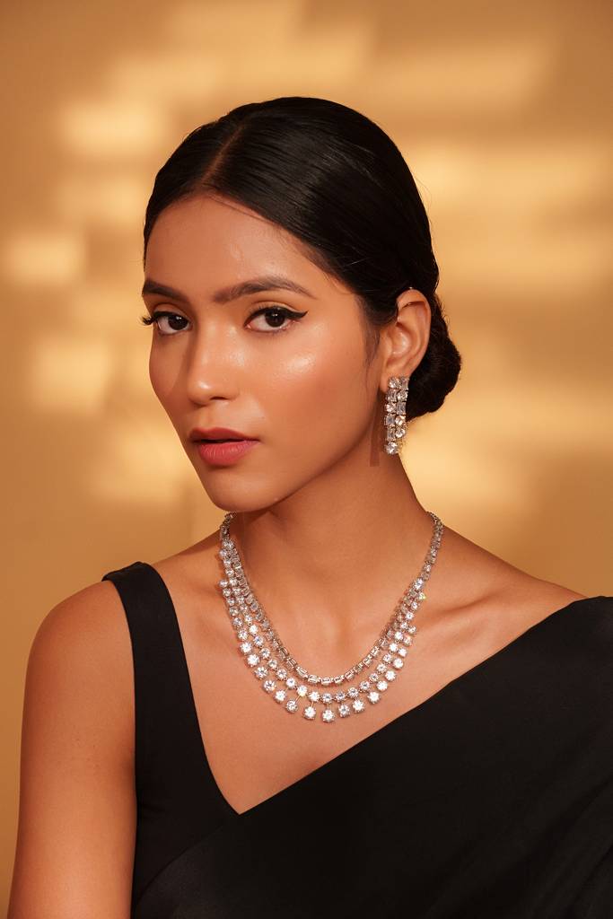 Classic And Elegant Three Line Diamond Necklace With Subtle Pair Of Earrings. : ZGRK276