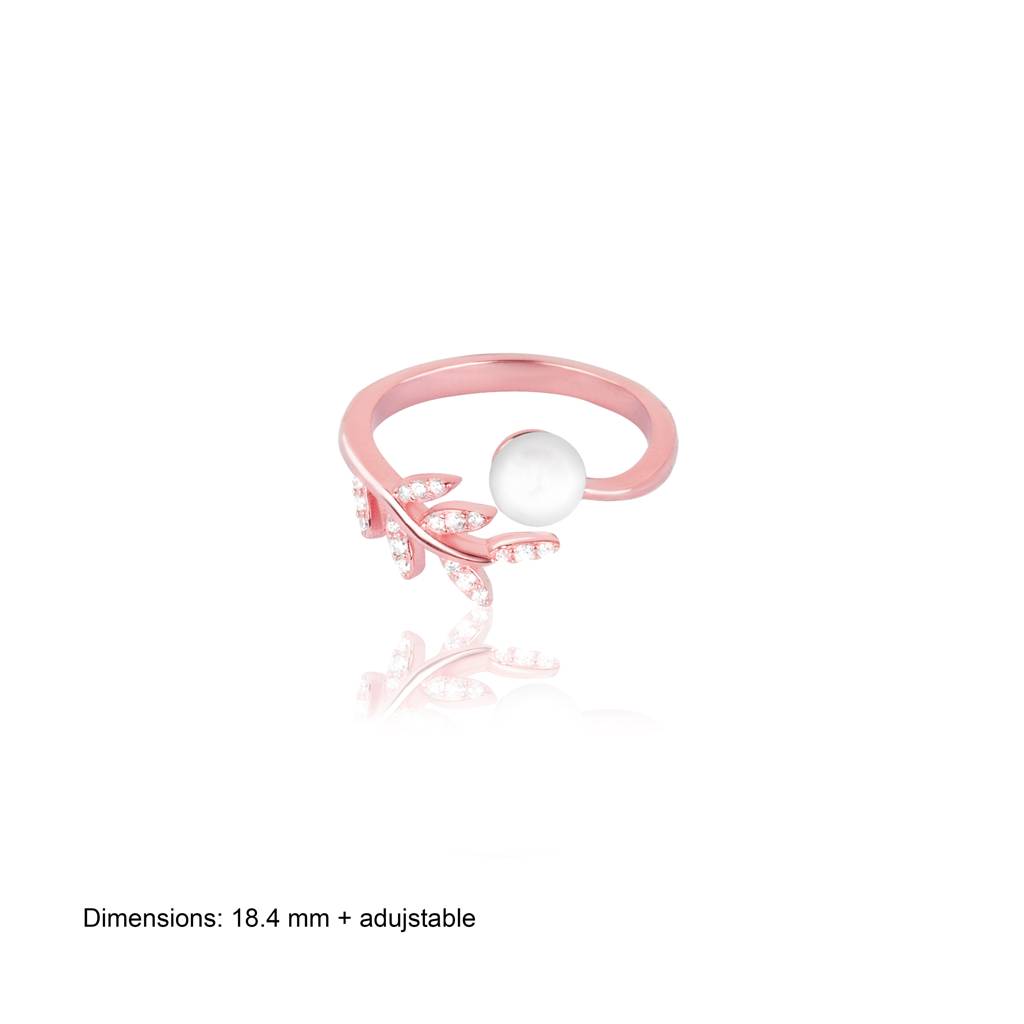 925 Sterling Silver Rose Gold Pearl Leaf Zircon Adjustable Ring : RJSPRG36