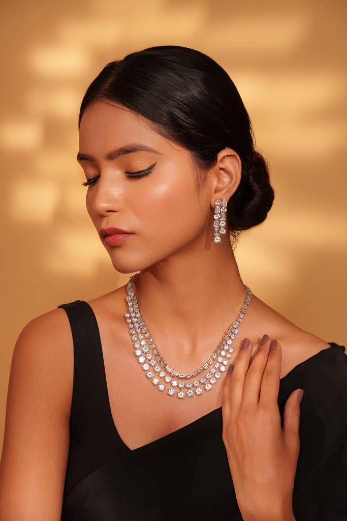 Classic And Elegant Three Line Diamond Necklace With Subtle Pair Of Earrings. : ZGRK276