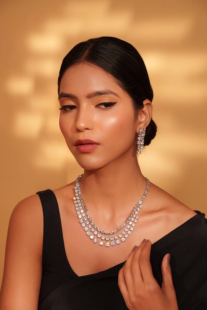 Classic And Elegant Three Line Diamond Necklace With Subtle Pair Of Earrings. : ZGRK276
