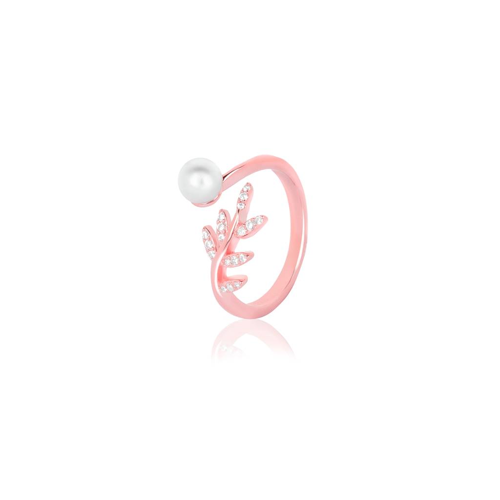925 Sterling Silver Rose Gold Pearl Leaf Zircon Adjustable Ring : RJSPRG36