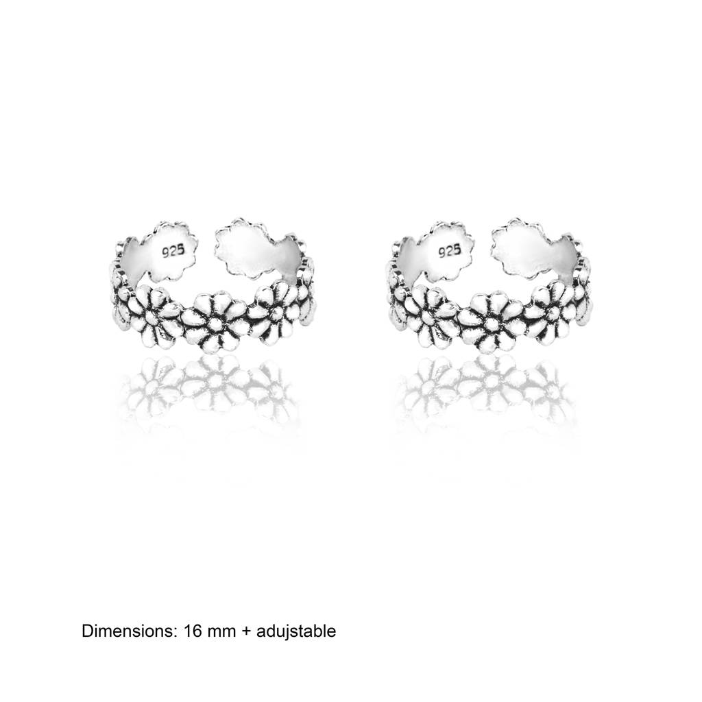 925 Sterling Silver Oxidized Flower Toe Rings : RJSPTR03