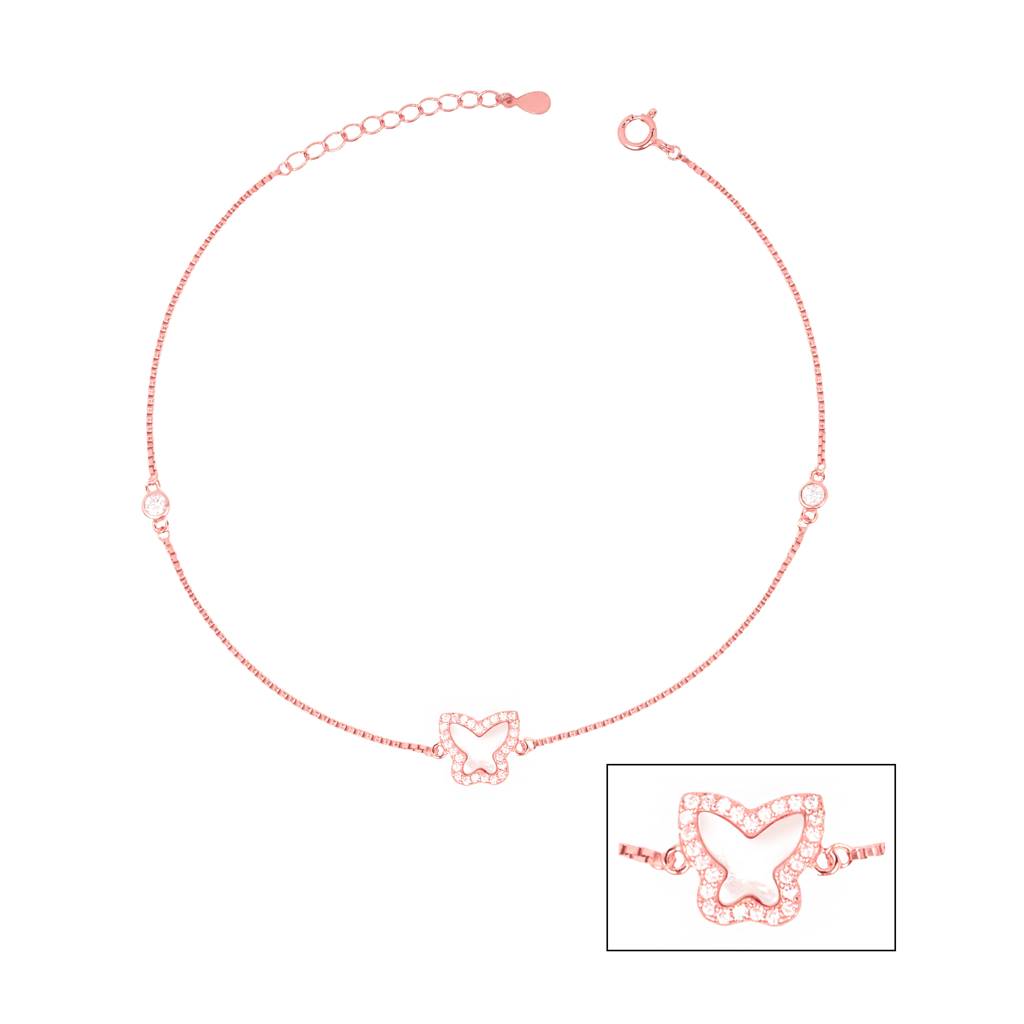 925 Sterling Silver Rose Gold Butterfly Anklet : RJSPAK04