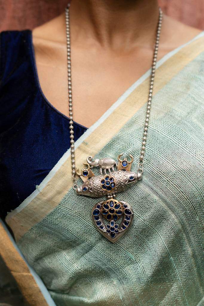 Oxidised Elephant Pendant Long Necklace : BJ-00795-PO