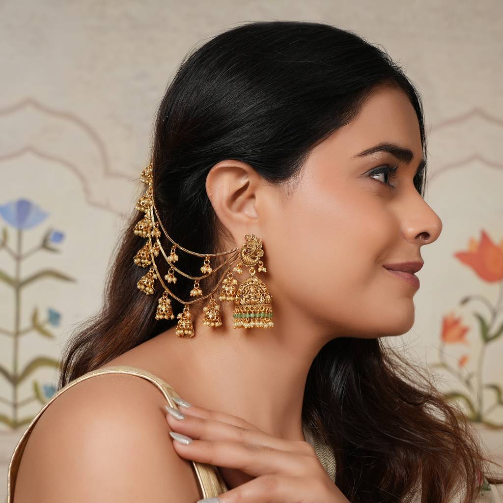 Stunning Antique Gold Jhumka Ear Chain With Pearl 3 Line : SJ169