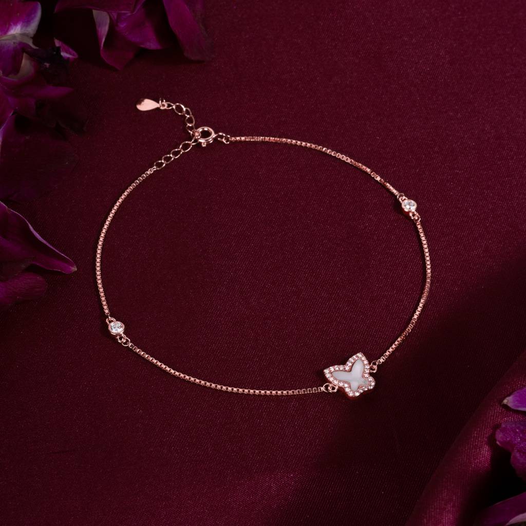 925 Sterling Silver Rose Gold Butterfly Anklet : RJSPAK04