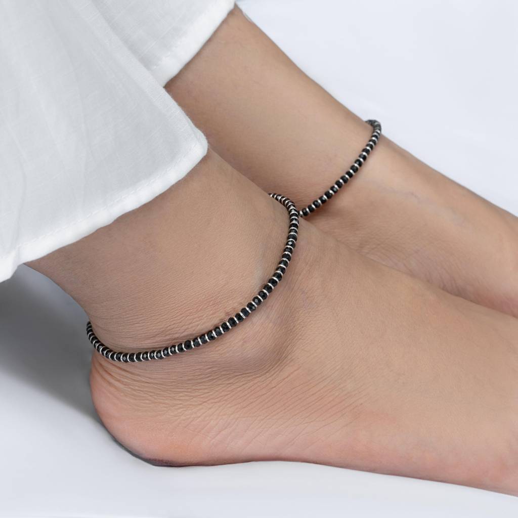 925 Sterling Silver Black Beaded Nazariya Anklet Black Beaded