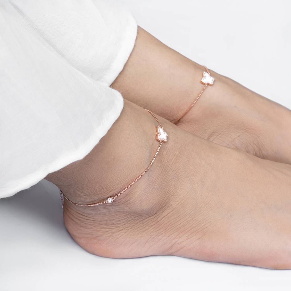 925 Sterling Silver Rose Gold Butterfly Anklet : RJSPAK04