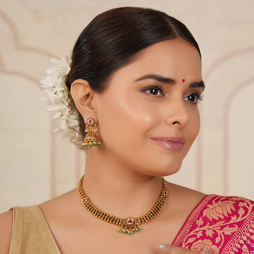 Stunning Antique Gold Ruby Necklace Set With Jhumka : SJ266