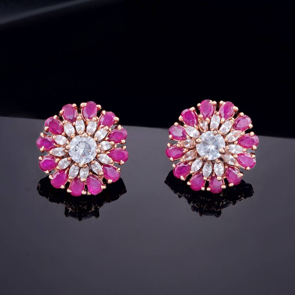 Estele Rose Gold Plated Cz Sparkling Flower Designer Stud Earrings With Ruby American Diamonds For Women : AD-113729-RG-RDER