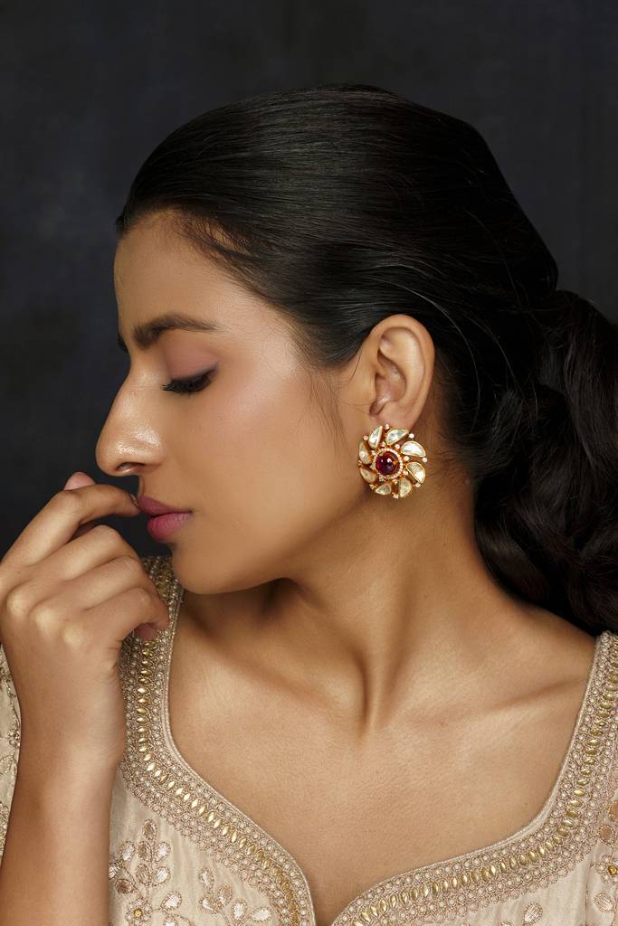 Classic And Elegant Pair Of Moissanite Earrings With Red Stone : ZGJM72