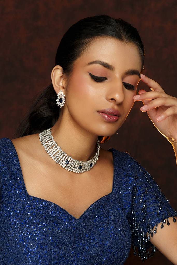 Elegant Diamond Choker With Sapphire Stones And Earrings : ZGRK212