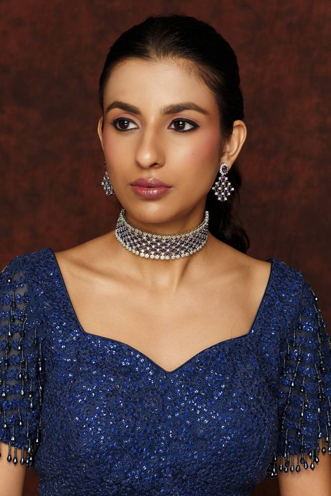 Elegant Diamond Choker And Earrings With Amethyst Stones : ZGRK211
