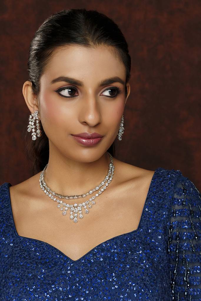 Classy Yet Elegant Layered Diamond Set With Three Line Earrings : ZGRK210