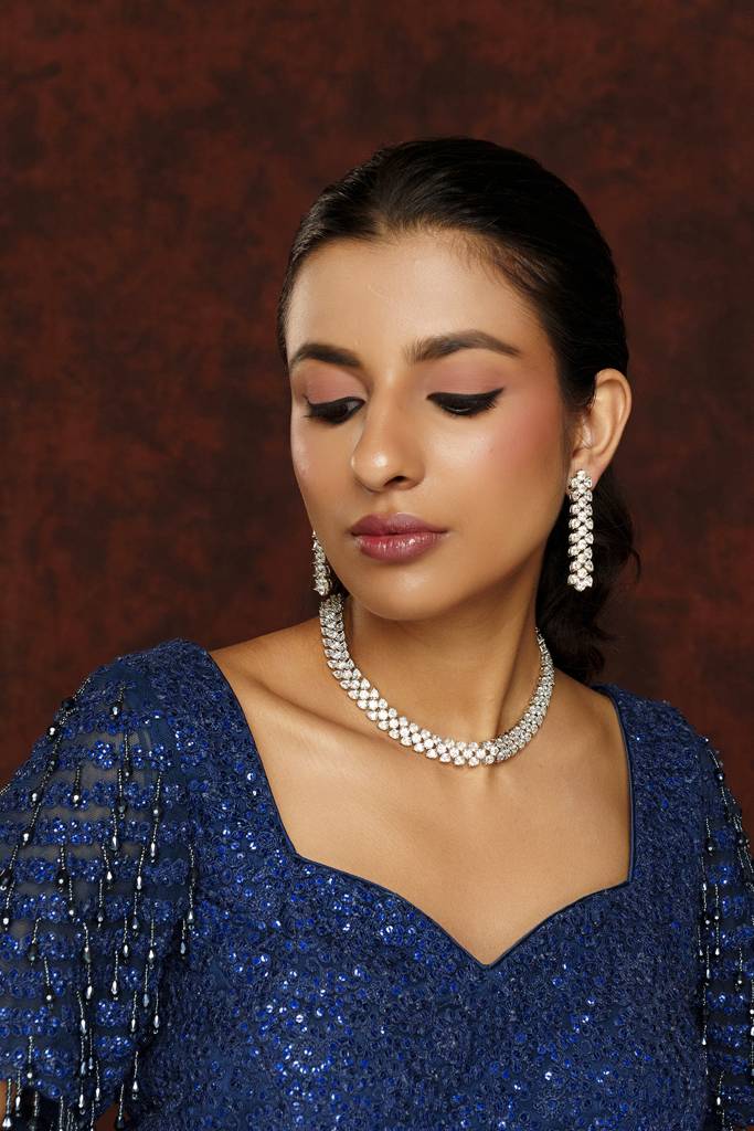 Delicate Yet Elegant Diamond Necklace In White Finish With Matching Earrings : ZGRK193