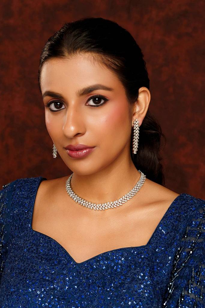 Delicate Yet Elegant Diamond Necklace In White Finish With Matching Earrings For Womens : ZGRK214