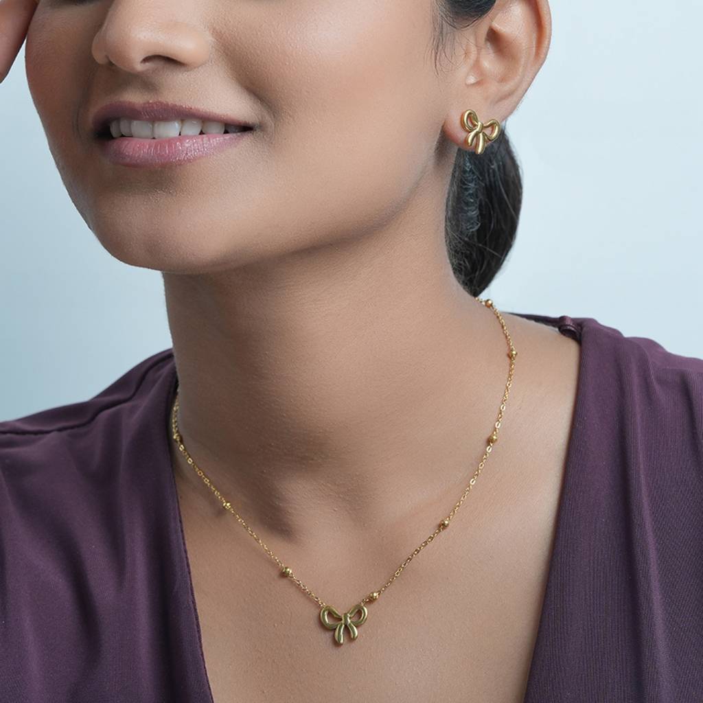 18K Gold Plated Waterproof Anti-Tarnish Bow Pendant Necklace And Stud Set (Pack Of 2) : ASJ0125PS849C