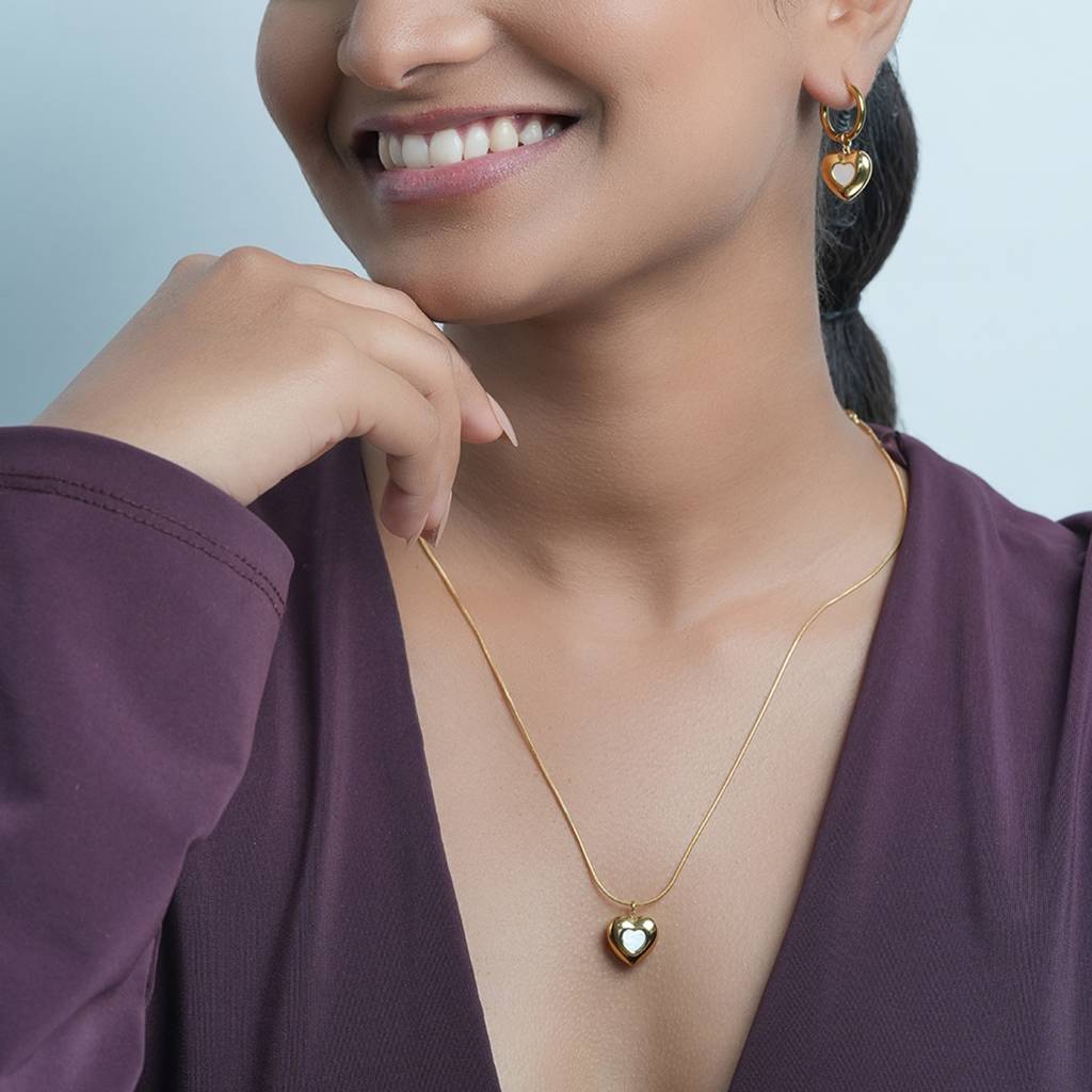 18K Gold Plated Waterproof, Anti-Tarnish Heart Pendant Necklace And Earrings Set : AOU0125PS180GC