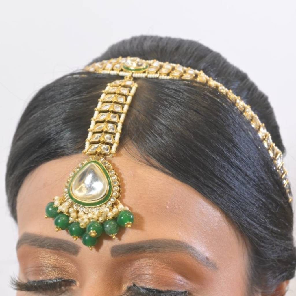 Dulhan Polki Emerald Drop Maangtika With Mathapatti : HAIR0002